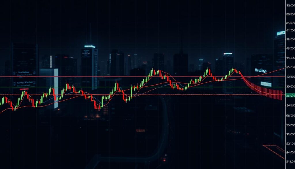 A meticulously crafted trading strategy with a clear focus on trend lines, set against a backdrop of a high-contrast, data-rich cryptocurrency chart. The foreground features a grid-like overlay of intersecting trend lines, expertly drawn to highlight key support and resistance levels. The middle ground showcases a range of technical indicators, including moving averages and oscillators, providing a comprehensive analysis of market dynamics. The background depicts a moody, neon-lit cityscape, evoking the fast-paced, ever-changing nature of the cryptocurrency market. Dramatic lighting casts long shadows, creating a sense of depth and urgency, while a subtle haze of digital noise adds to the atmospheric tension. The overall composition conveys a sophisticated, data-driven approach to trading, with trend lines serving as the cornerstone of a robust, well-considered strategy. A meticulously crafted trading strategy with a clear focus on trend lines, set against a backdrop of a high-contrast, data-rich cryptocurrency chart. The foreground features a grid-like overlay of intersecting trend lines, expertly drawn to highlight key support and resistance levels. The middle ground showcases a range of technical indicators, including moving averages and oscillators, providing a comprehensive analysis of market dynamics. The background depicts a moody, neon-lit cityscape, evoking the fast-paced, ever-changing nature of the cryptocurrency market. Dramatic lighting casts long shadows, creating a sense of depth and urgency, while a subtle haze of digital noise adds to the atmospheric tension. The overall composition conveys a sophisticated, data-driven approach to trading, with trend lines serving as the cornerstone of a robust, well-considered strategy.