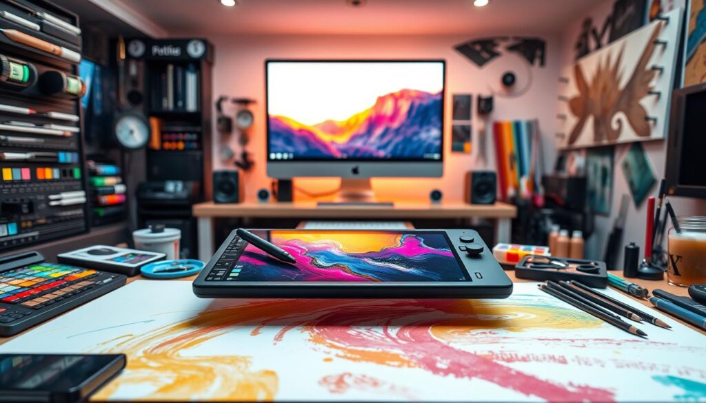 A meticulously designed digital art studio, brimming with a diverse array of customizable tools. In the foreground, a sleek graphics tablet with a stylus hovers over a seamless digital canvas, its surface alive with vibrant colors and intricate brush strokes. Beside it, an array of sliders, dials, and buttons allow for precise control over every aspect of the artistic process, from blending modes to layer opacity. The middle ground showcases a versatile palette of digital paints, pencils, and erasers, their virtual textures and hues waiting to be brought to life. In the background, a state-of-the-art computer display casts a soft, warm glow, illuminating the workspace and creating an immersive, creative atmosphere.