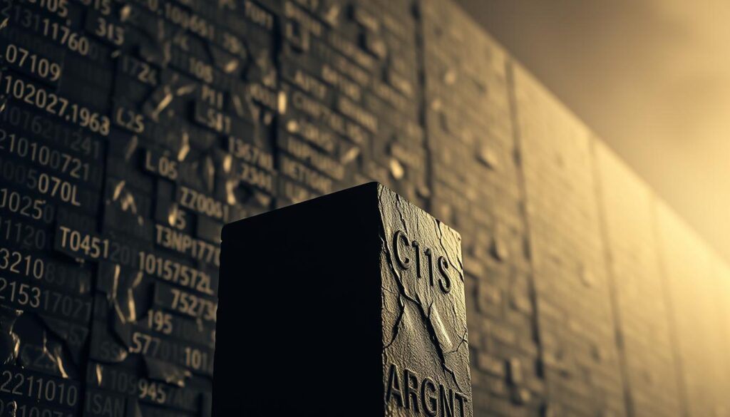 A meticulously detailed blockchain ledger, its pages seemingly etched in impenetrable digital stone. Towering pillars of encrypted data, their facets glistening under a soft, evocative light. In the foreground, a single block stands resolute, its cryptographic seals and timestamps inviolable, a testament to the blockchain's unyielding security. The background fades into a moody, contemplative atmosphere, conveying the unwavering integrity of this immutable recordkeeping system. Subtle hints of technological complexity, like wisps of code or faint circuit patterns, add depth and sophistication to the scene. This is the blockchain, a fortress against fraud, where data is safeguarded with uncompromising vigilance.