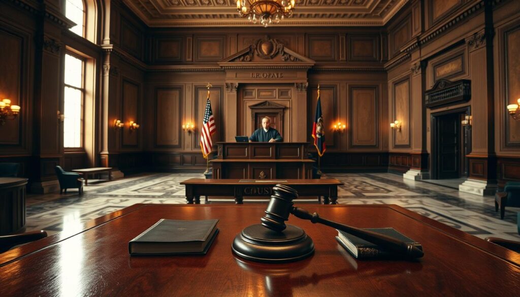 A meticulously detailed courtroom scene, illuminated by soft, warm lighting from large windows. In the foreground, a polished, mahogany table is surrounded by leather-bound books and a judge's gavel. The middle ground features a raised dais with a stern-faced judge presiding, flanked by American flags. The background showcases a grand, marble-floored atrium with intricate architectural details, conveying a sense of authority and gravitas. The overall atmosphere emanates a palpable air of legal professionalism and adherence to regulations.