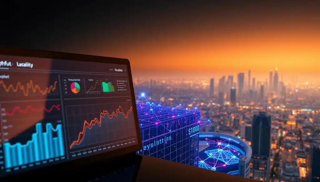 A meticulously rendered 3D scene depicting scalability performance metrics. In the foreground, a sleek dashboard displays various graphs and charts, showcasing key performance indicators such as throughput, latency, and scalability. The middle ground features a complex network infrastructure, with interconnected nodes and data flows visualized in a vivid, holographic display. In the background, a futuristic cityscape stretches out, hinting at the broad real-world applications of the scalability metrics. The scene is illuminated by a warm, directional light source, casting subtle shadows and highlights to accentuate the depth and dimensionality. The overall mood is one of technological sophistication and data-driven optimization.