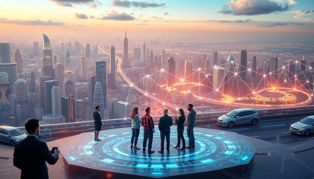 A meticulously rendered digital illustration depicting the concept of governance in an AI-driven DeFi ecosystem. The foreground showcases a futuristic, holographic interface with interactive nodes and data visualizations, symbolizing the decentralized decision-making processes. The middle ground features a group of diverse stakeholders, including developers, investors, and community members, engaged in a collaborative discussion. The background depicts a sprawling cityscape of gleaming skyscrapers and autonomous vehicles, conveying the dynamic and technologically advanced nature of the DeFi landscape. The scene is illuminated by a warm, diffused lighting that creates a sense of balance and harmony, reflecting the collaborative spirit of governance in this AI-powered financial ecosystem.
