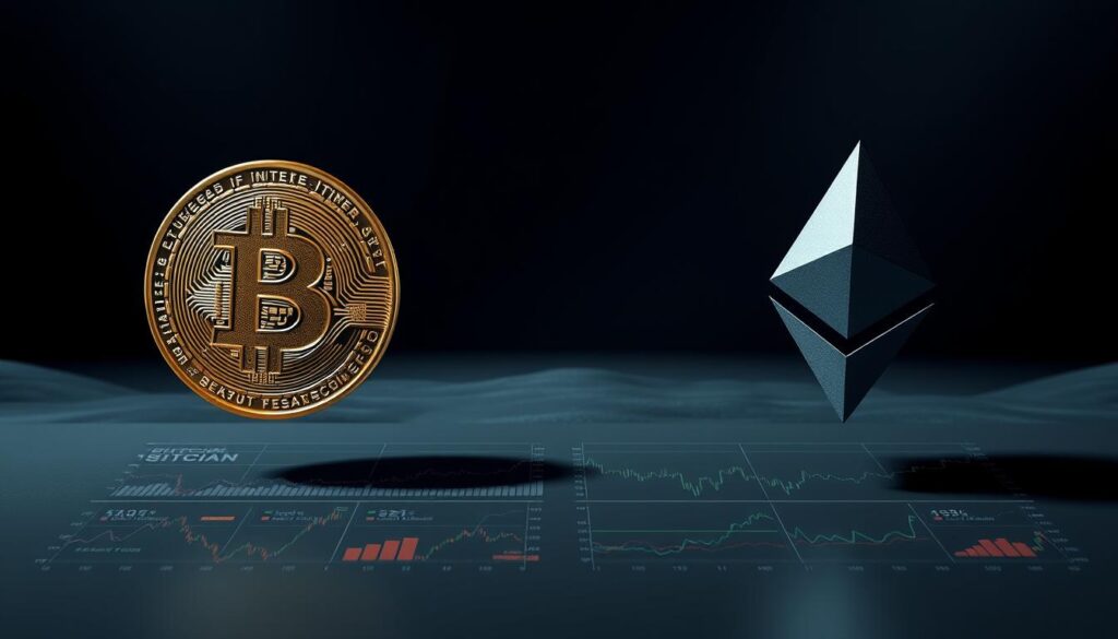 A meticulously rendered, high-resolution side-by-side comparison of Bitcoin and Ethereum cryptocurrencies. The foreground depicts the iconic Bitcoin "B" and Ethereum's "Ξ" logos, rendered in sleek, metallic textures, hovering above a grid of market data visualizations. The middle ground showcases intricate data charts, graphs, and timelines illustrating the performance, market capitalization, and adoption trends of these two leading digital assets. The background is a minimalist, gradient-based landscape, evoking the futuristic, technology-driven nature of the cryptocurrency market. Dramatic studio lighting casts dynamic shadows, conveying the weight and significance of this comparative analysis. The overall composition is balanced, clean, and designed to clearly communicate the relationship and differences between Bitcoin and Ethereum. A meticulously rendered, high-resolution side-by-side comparison of Bitcoin and Ethereum cryptocurrencies. The foreground depicts the iconic Bitcoin "B" and Ethereum's "Ξ" logos, rendered in sleek, metallic textures, hovering above a grid of market data visualizations. The middle ground showcases intricate data charts, graphs, and timelines illustrating the performance, market capitalization, and adoption trends of these two leading digital assets. The background is a minimalist, gradient-based landscape, evoking the futuristic, technology-driven nature of the cryptocurrency market. Dramatic studio lighting casts dynamic shadows, conveying the weight and significance of this comparative analysis. The overall composition is balanced, clean, and designed to clearly communicate the relationship and differences between Bitcoin and Ethereum.