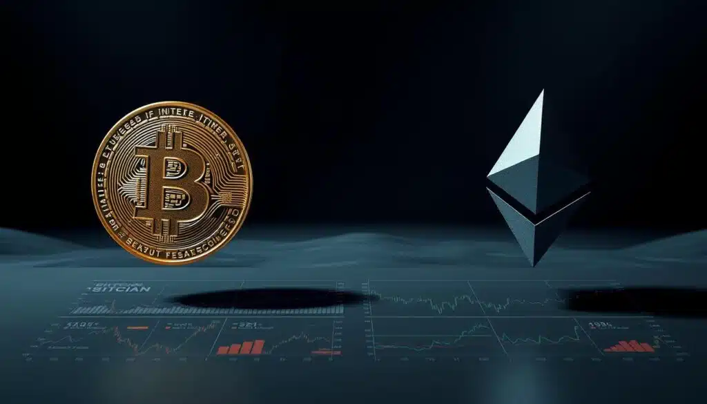 A meticulously rendered, high-resolution side-by-side comparison of Bitcoin and Ethereum cryptocurrencies. The foreground depicts the iconic Bitcoin "B" and Ethereum's "Ξ" logos, rendered in sleek, metallic textures, hovering above a grid of market data visualizations. The middle ground showcases intricate data charts, graphs, and timelines illustrating the performance, market capitalization, and adoption trends of these two leading digital assets. The background is a minimalist, gradient-based landscape, evoking the futuristic, technology-driven nature of the cryptocurrency market. Dramatic studio lighting casts dynamic shadows, conveying the weight and significance of this comparative analysis. The overall composition is balanced, clean, and designed to clearly communicate the relationship and differences between Bitcoin and Ethereum.