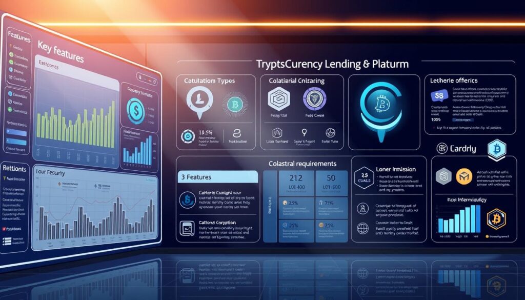 A meticulously rendered illustration showcasing the key features, fees, and collateral requirements of leading cryptocurrency lending and borrowing platforms. The foreground depicts a sleek, futuristic interface with interactive charts, graphs, and data visualizations highlighting the nuances of platform offerings. The middle ground features detailed iconography and infographics explaining the collateral types, loan-to-value ratios, and other technical parameters. The background sets an atmosphere of security and reliability, with clean lines, sophisticated color palettes, and subtle lighting effects creating a sense of trust and professionalism. Rendered with photorealistic precision to clearly communicate the complex subject matter. A meticulously rendered illustration showcasing the key features, fees, and collateral requirements of leading cryptocurrency lending and borrowing platforms. The foreground depicts a sleek, futuristic interface with interactive charts, graphs, and data visualizations highlighting the nuances of platform offerings. The middle ground features detailed iconography and infographics explaining the collateral types, loan-to-value ratios, and other technical parameters. The background sets an atmosphere of security and reliability, with clean lines, sophisticated color palettes, and subtle lighting effects creating a sense of trust and professionalism. Rendered with photorealistic precision to clearly communicate the complex subject matter.