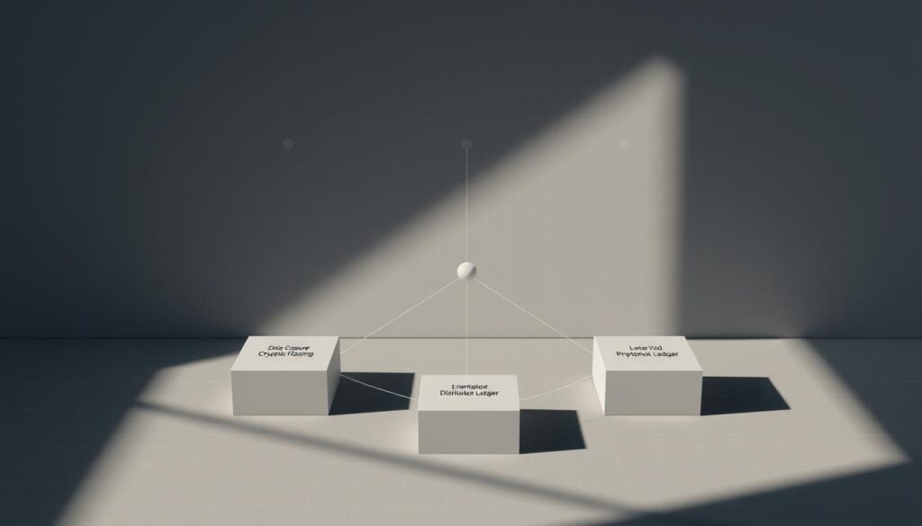 A minimalist diagram depicting the key steps of blockchain implementation in supply chain operations. In the foreground, a series of interconnected blocks representing the sequential stages of blockchain adoption - from data capture, to cryptographic hashing, to distributed ledger maintenance. In the middle ground, a network of nodes and communication links, visualizing the decentralized infrastructure. The background features a subtle grid pattern, conveying the sense of a secure, transparent, and immutable system. The overall aesthetic is clean, geometric, and technically sophisticated, using a muted color palette to complement the serious, functional nature of the subject matter. Dramatic side lighting casts long shadows, adding depth and emphasizing the three-dimensional structure.
