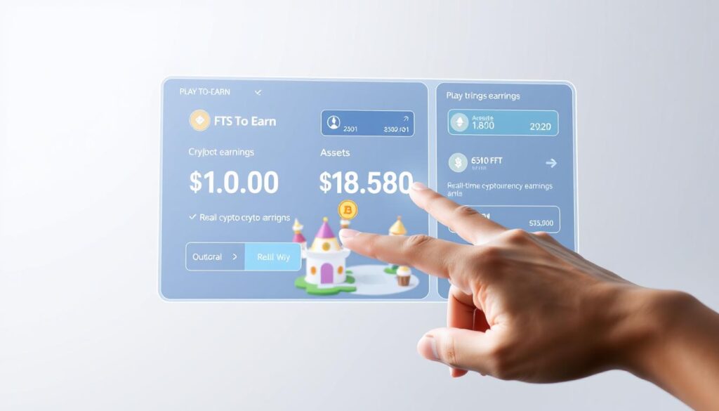 A minimalist illustration depicting the daily crypto earnings mechanics for a play-to-earn NFT game. In the foreground, a player's hand interacts with a sleek, holographic user interface, displaying real-time cryptocurrency earnings and asset balances. The middle ground features a stylized, low-poly representation of the game's virtual world, with characters and objects suggesting various gameplay activities. The background is a soft, blurred gradient, conveying a sense of digital ethereality. The lighting is clean and directional, casting subtle shadows and highlights to accentuate the technological aesthetic. The overall mood is one of streamlined efficiency and tangible financial rewards within the immersive play-to-earn experience.
