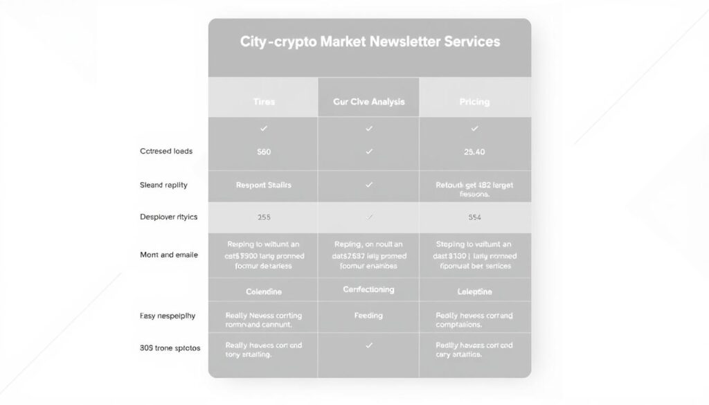 A minimalist, stylized comparison chart displaying the pricing tiers and key features of leading crypto market analysis newsletter services. The chart is set against a clean, light-toned background with subtle gridlines and a hint of geometric patterns. The chart elements are rendered in a modern, streamlined design with clear, legible typography. Subtle highlights and shadows add depth, while a soft, neutral color palette conveys a sense of professionalism and authority. The overall layout is balanced and visually appealing, drawing the viewer's attention to the comparative data without distracting elements.