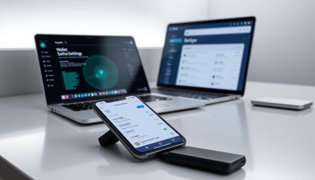 A modern digital wallet setup on a sleek, minimalist desk. In the foreground, a smartphone displays the wallet interface, showcasing transaction details and fee options. In the middle ground, a laptop open to the wallet's web dashboard, highlighting configuration and security settings. The background features clean lines, soft lighting, and a subtle digital wallpaper, creating a professional and streamlined atmosphere suitable for a fintech application.