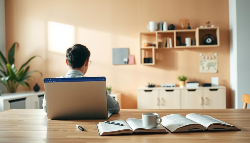A modern home office with a clean, minimalist aesthetic. In the foreground, a person sits at a desk, intently focused on a laptop screen displaying various NFT creation platform options. The middle ground features an open book, a stylus, and a cup of coffee, hinting at the research and preparation involved in the decision-making process. The background is a warm, natural-toned wall, with simple, geometric shelving displaying various art supplies and digital devices, creating a sense of creativity and productivity. Soft, directional lighting from a window casts a gentle glow, enhancing the tranquil, contemplative mood.