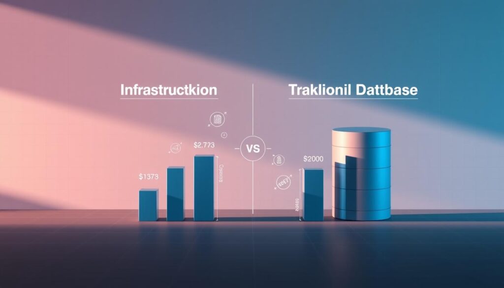A modern, minimalist data visualization depicting the cost comparison of a blockchain database versus a traditional database. In the foreground, two parallel bar graphs showing the relative costs of infrastructure, maintenance, and operational expenses for each system. The middle ground features geometric shapes and icons representing key blockchain and database concepts. The background has a subtle grid pattern and soft, cool-toned color palette to convey a sense of technical sophistication. Dramatic side lighting casts dramatic shadows, creating depth and highlighting the data visualizations. The overall aesthetic is clean, data-driven, and effectively communicates the trade-offs between the two database technologies.