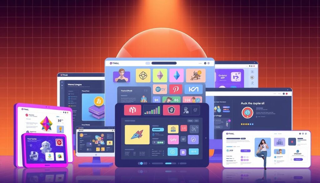 A modern, minimalist illustration of popular general NFT marketplaces. In the foreground, several distinct digital marketplace platforms are displayed, each with a unique visual identity and sleek interface. The midground features various NFT artworks, collectibles, and other digital assets being traded on these platforms. The background has a subtle grid or blockchain-inspired pattern, conveying the technological infrastructure powering the NFT ecosystem. The overall scene is bathed in a warm, futuristic lighting, creating a sense of innovation and dynamism. The composition is balanced and visually appealing, highlighting the diversity and growth of the general NFT marketplace landscape. A modern, minimalist illustration of popular general NFT marketplaces. In the foreground, several distinct digital marketplace platforms are displayed, each with a unique visual identity and sleek interface. The midground features various NFT artworks, collectibles, and other digital assets being traded on these platforms. The background has a subtle grid or blockchain-inspired pattern, conveying the technological infrastructure powering the NFT ecosystem. The overall scene is bathed in a warm, futuristic lighting, creating a sense of innovation and dynamism. The composition is balanced and visually appealing, highlighting the diversity and growth of the general NFT marketplace landscape.