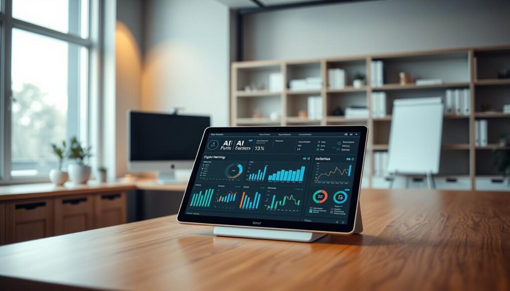 A modern, minimalist office setting with a large desk, a sleek computer, and a minimalist bookshelf in the background. On the desk, there is a tablet displaying a digital marketing dashboard, showcasing various AI-powered metrics and analytics. The lighting is soft and warm, creating a professional and productive atmosphere. The camera angle is slightly elevated, providing a bird's-eye view of the scene, emphasizing the integration of AI into the digital marketing strategy. A modern, minimalist office setting with a large desk, a sleek computer, and a minimalist bookshelf in the background. On the desk, there is a tablet displaying a digital marketing dashboard, showcasing various AI-powered metrics and analytics. The lighting is soft and warm, creating a professional and productive atmosphere. The camera angle is slightly elevated, providing a bird's-eye view of the scene, emphasizing the integration of AI into the digital marketing strategy.