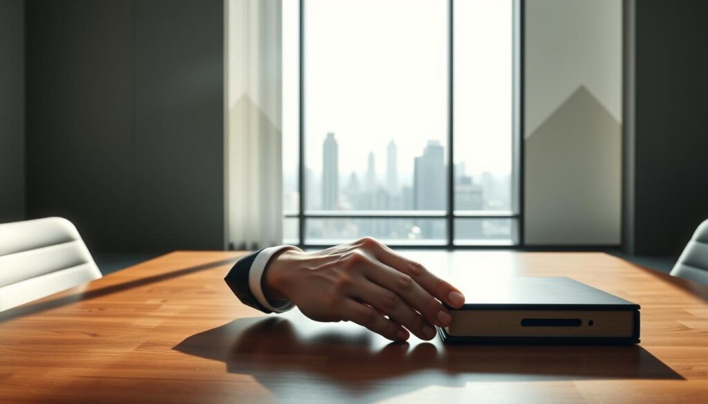 A modern, minimalist office space with clean lines and a sleek, professional atmosphere. In the foreground, a businessperson's hands resting on a polished wooden desk, representing the hands-on application of compliance. In the middle ground, a large window overlooking a cityscape, symbolizing the broader regulatory landscape. The background features abstract geometric shapes and patterns in muted tones, evoking the complex, structured nature of compliance frameworks. Soft, directional lighting casts subtle shadows, emphasizing the orderly, disciplined nature of the scene. The overall mood is one of sophistication, control, and a commitment to ethical, responsible practices.