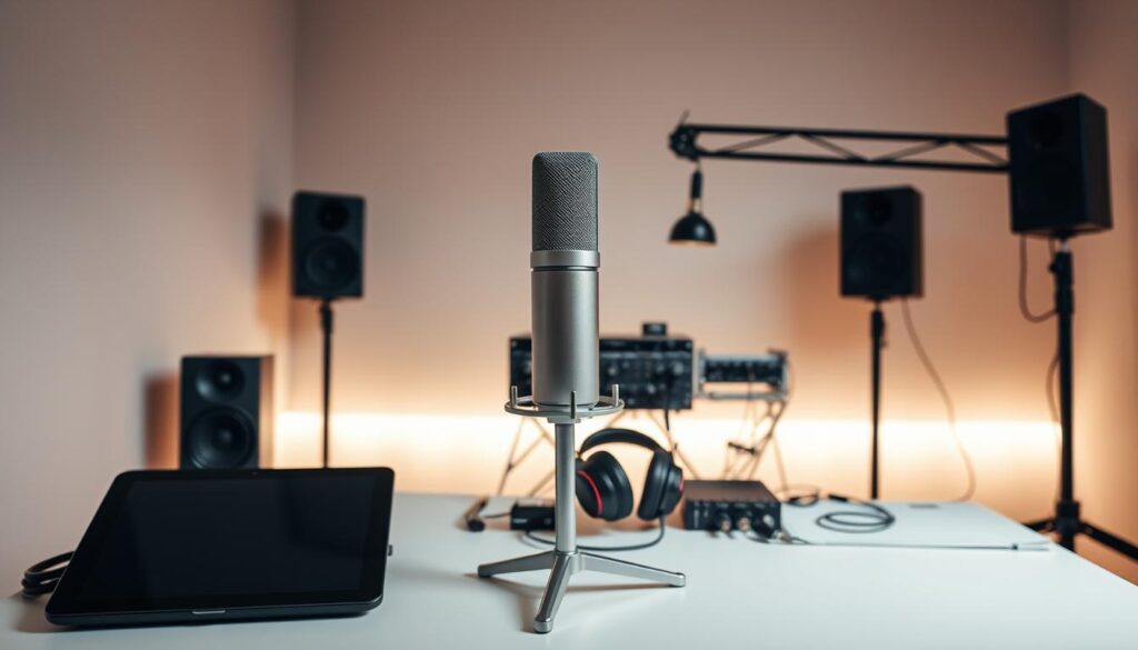 A modern, minimalist podcast studio setup with high-fidelity audio equipment. In the foreground, a sleek metal microphone stands on a minimalist desk, surrounded by a pair of professional-grade studio headphones and a tablet or laptop for managing the podcast. In the middle ground, various audio interface devices, cables, and production equipment are neatly organized, creating a clean, organized workflow. The background features a plain, neutral-toned wall, with subtle lighting that casts a warm, focused glow on the setup, conveying a sense of professionalism and expertise. The overall atmosphere is one of a dedicated, high-quality podcast production environment, ready to capture in-depth crypto trading insights and analysis.