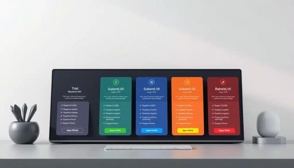 A modern, minimalist-styled desktop display showcasing a range of subscription pricing plans. The foreground features sleek, colorful cards with clear, concise pricing details, subscription durations, and benefit highlights. The middle ground includes subtle infographics and icons illustrating the value proposition. The background has a muted, gradient-based color scheme, creating a clean, professional aesthetic. Soft, directional lighting from the top-left casts gentle shadows, emphasizing the 3D depth and tactile quality of the pricing plan elements. The overall composition strikes a balance between simplicity and informative clarity, perfectly suited to illustrate the "Pricing Plans, Subscriptions, and Overall Value" section of the article.