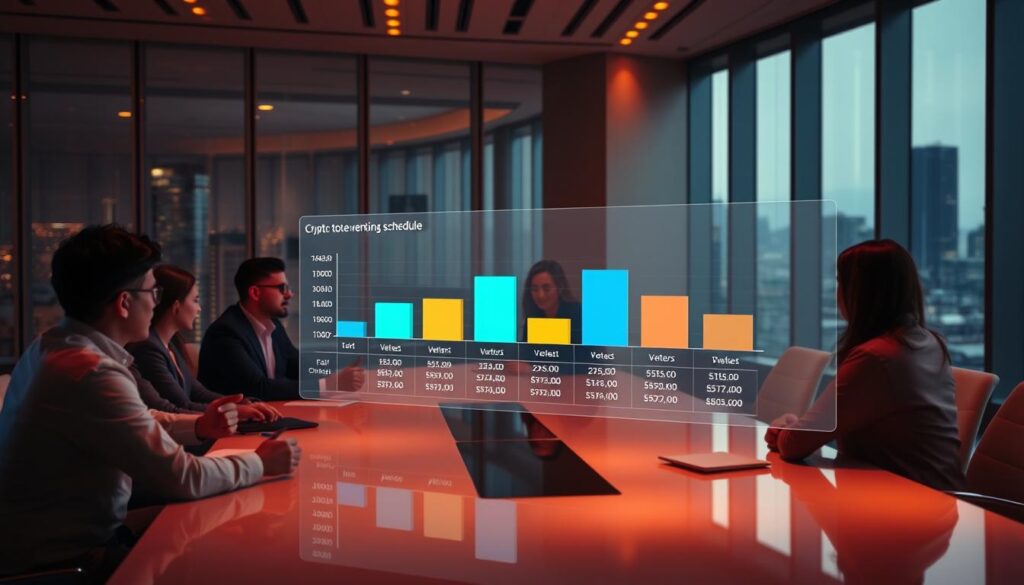 A modern office interior, with an expansive window overlooking a cityscape. In the foreground, a group of professionals sit around a sleek conference table, engaged in a discussion. On the table, a holographic display shows a detailed breakdown of a crypto token vesting schedule, with different colored bars representing vesting periods and cliff phases. The lighting is warm and ambient, casting a soft glow on the scene. The mood is one of focused collaboration, as the team works to structure a fair and strategic compensation plan for their AI-powered crypto project.