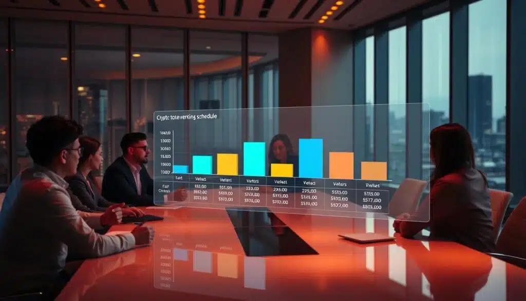 A modern office interior, with an expansive window overlooking a cityscape. In the foreground, a group of professionals sit around a sleek conference table, engaged in a discussion. On the table, a holographic display shows a detailed breakdown of a crypto token vesting schedule, with different colored bars representing vesting periods and cliff phases. The lighting is warm and ambient, casting a soft glow on the scene. The mood is one of focused collaboration, as the team works to structure a fair and strategic compensation plan for their AI-powered crypto project.