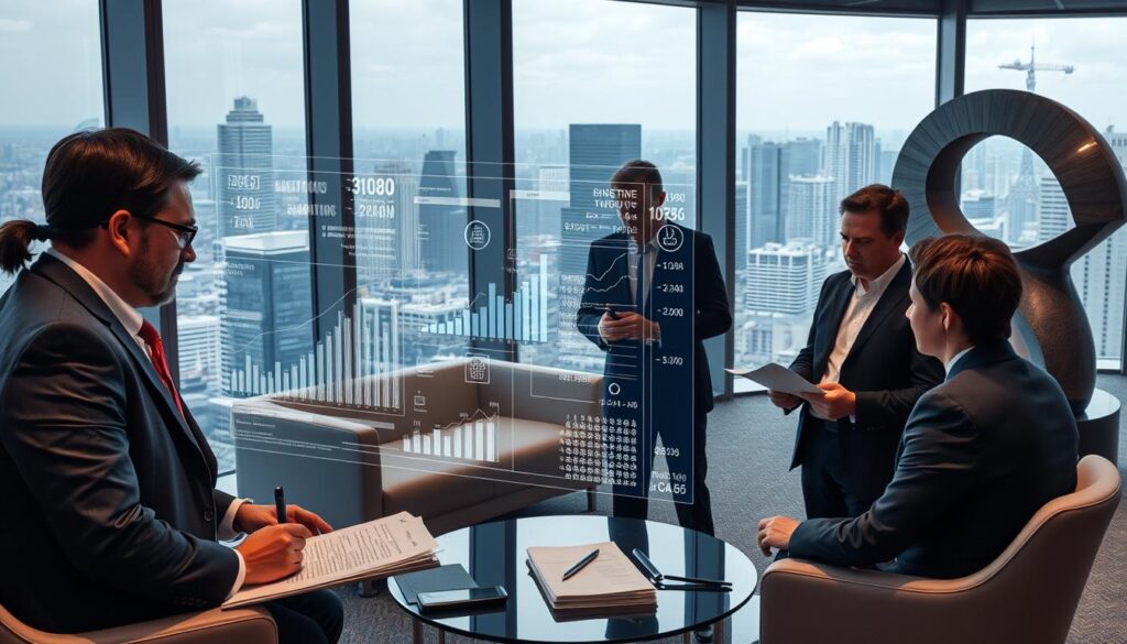 A modern office interior with floor-to-ceiling windows overlooking a bustling city skyline. In the foreground, a group of professionals in business attire are engaged in a discussion, their expressions serious as they pore over legal documents and regulatory guidelines. The middle ground features a holographic display projecting complex financial charts and data analytics, reflecting the intricate landscape of decentralized finance and the need for robust compliance frameworks. The background is dominated by sleek, minimalist furniture and a large abstract sculpture, symbolizing the delicate balance between innovation and regulatory oversight in the emerging DeFi ecosystem.