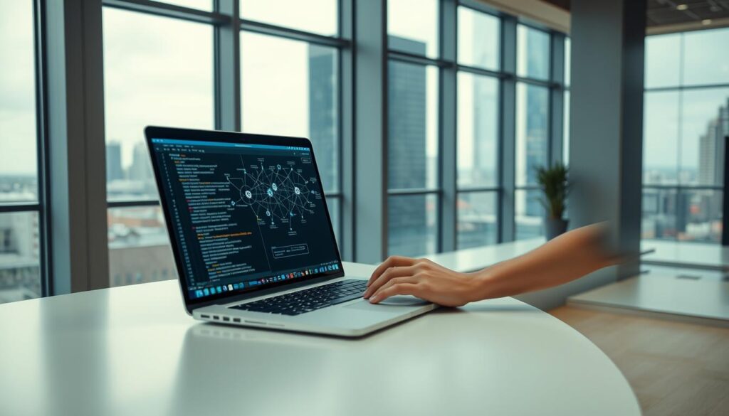 A modern office interior with large windows overlooking a cityscape. On a sleek, minimalist desk, a laptop displays a complex blockchain diagram, with nodes, cryptographic hashes, and transaction flows. A developer, dressed casually in a t-shirt and jeans, is intently focused on the screen, hands on the keyboard, integrating blockchain technology into a JavaScript application. Soft, diffused lighting creates a warm, productive atmosphere. The room has a balanced, symmetrical composition, with clean lines and muted colors that accentuate the technological focus.