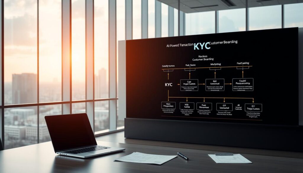 A modern office interior with sleek, minimalist design. The foreground features a desk with a laptop, paperwork, and a stylized "KYC" logo. In the middle ground, a large screen displays a workflow diagram with AI-powered transaction monitoring and customer onboarding processes. The background showcases floor-to-ceiling windows overlooking a vibrant cityscape, bathed in warm, natural lighting. The overall atmosphere conveys a sense of efficiency, security, and technological sophistication befitting an advanced AML/KYC compliance program.