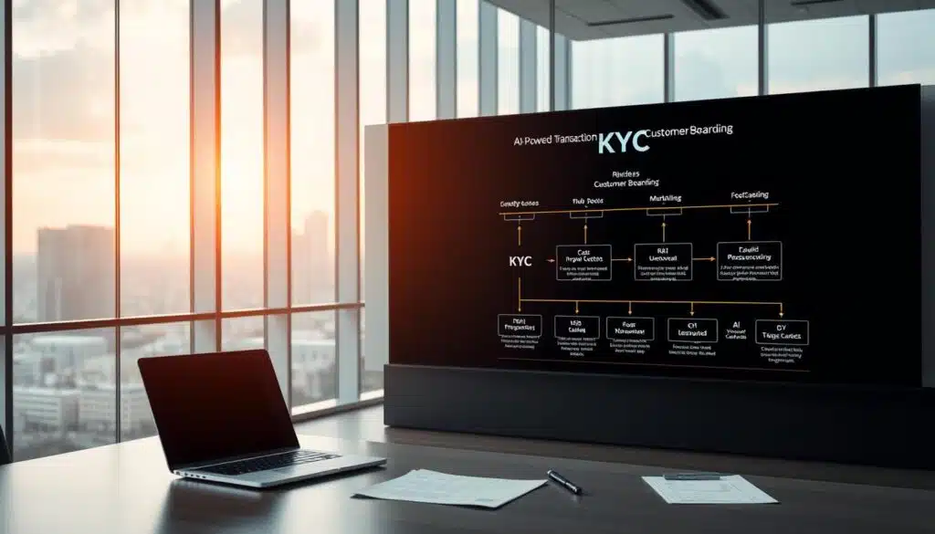 A modern office interior with sleek, minimalist design. The foreground features a desk with a laptop, paperwork, and a stylized "KYC" logo. In the middle ground, a large screen displays a workflow diagram with AI-powered transaction monitoring and customer onboarding processes. The background showcases floor-to-ceiling windows overlooking a vibrant cityscape, bathed in warm, natural lighting. The overall atmosphere conveys a sense of efficiency, security, and technological sophistication befitting an advanced AML/KYC compliance program. A modern office interior with sleek, minimalist design. The foreground features a desk with a laptop, paperwork, and a stylized "KYC" logo. In the middle ground, a large screen displays a workflow diagram with AI-powered transaction monitoring and customer onboarding processes. The background showcases floor-to-ceiling windows overlooking a vibrant cityscape, bathed in warm, natural lighting. The overall atmosphere conveys a sense of efficiency, security, and technological sophistication befitting an advanced AML/KYC compliance program.