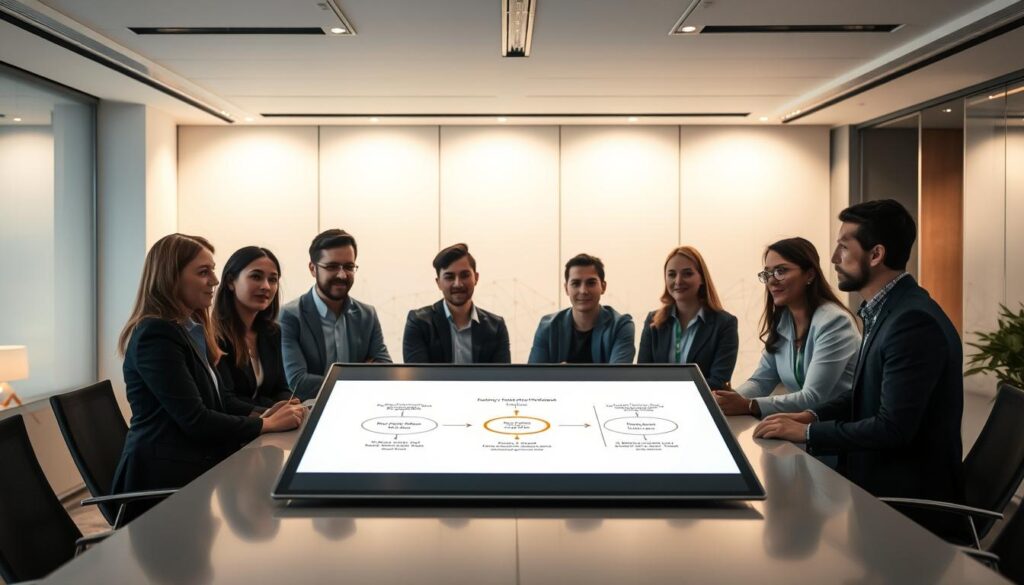 A modern office setting with a group of professionals gathered around a table, discussing the intricacies of a security token offering (STO) process. The foreground features a projection screen displaying a flow diagram, illustrating the various steps involved in launching an STO. The middle ground showcases the attentive participants, their faces lit by the soft, warm glow of the overhead lighting. In the background, a sleek, minimalist decor sets the tone, with subtle blockchain-inspired elements hinting at the innovative nature of the subject matter. The overall atmosphere exudes a sense of collaborative exploration, as the team navigates the emerging landscape of blockchain-based fundraising.