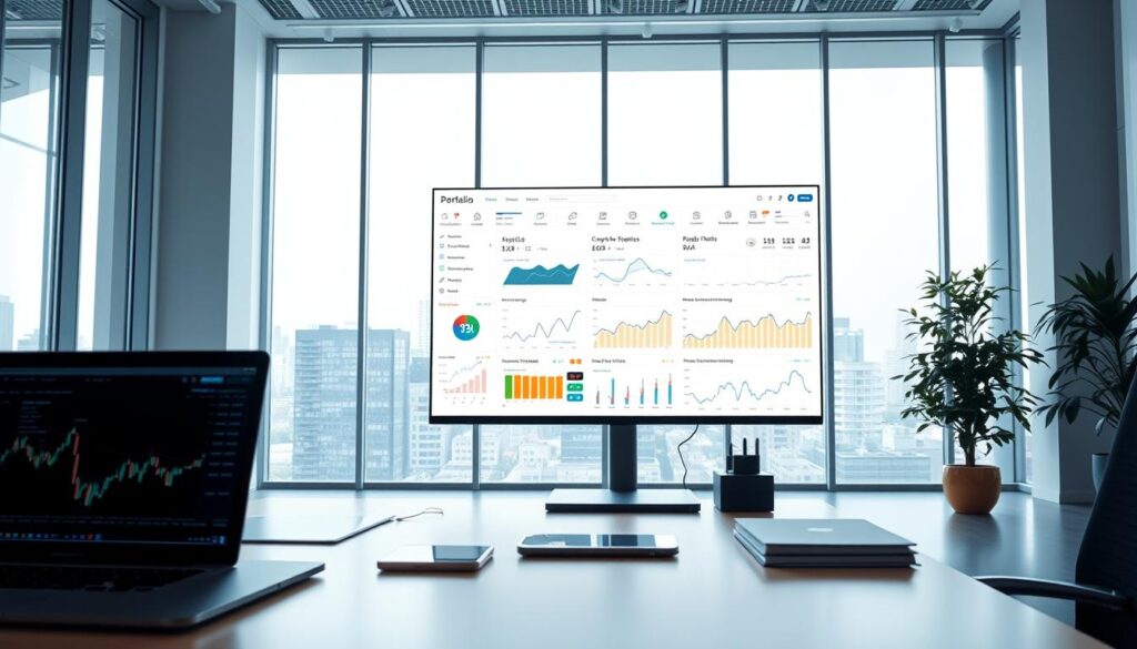 A modern office setting with a sleek, minimalist aesthetic. In the foreground, a desk with a laptop, smartphone, and various financial charts and graphs displayed on the screen, conveying the idea of digital portfolio management. In the middle ground, a large, high-resolution monitor showing a comprehensive cryptocurrency portfolio visualization, with charts, graphs, and real-time data updates. The background features floor-to-ceiling windows, allowing natural light to flood the space, creating a bright and airy atmosphere. The overall mood is one of focus, precision, and technological sophistication, reflecting the nuanced and data-driven nature of the AI-powered crypto portfolio optimization strategy. A modern office setting with a sleek, minimalist aesthetic. In the foreground, a desk with a laptop, smartphone, and various financial charts and graphs displayed on the screen, conveying the idea of digital portfolio management. In the middle ground, a large, high-resolution monitor showing a comprehensive cryptocurrency portfolio visualization, with charts, graphs, and real-time data updates. The background features floor-to-ceiling windows, allowing natural light to flood the space, creating a bright and airy atmosphere. The overall mood is one of focus, precision, and technological sophistication, reflecting the nuanced and data-driven nature of the AI-powered crypto portfolio optimization strategy.
