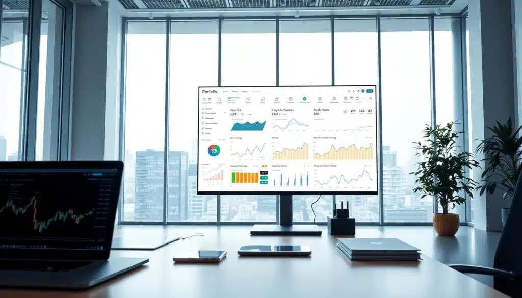 A modern office setting with a sleek, minimalist aesthetic. In the foreground, a desk with a laptop, smartphone, and various financial charts and graphs displayed on the screen, conveying the idea of digital portfolio management. In the middle ground, a large, high-resolution monitor showing a comprehensive cryptocurrency portfolio visualization, with charts, graphs, and real-time data updates. The background features floor-to-ceiling windows, allowing natural light to flood the space, creating a bright and airy atmosphere. The overall mood is one of focus, precision, and technological sophistication, reflecting the nuanced and data-driven nature of the AI-powered crypto portfolio optimization strategy.