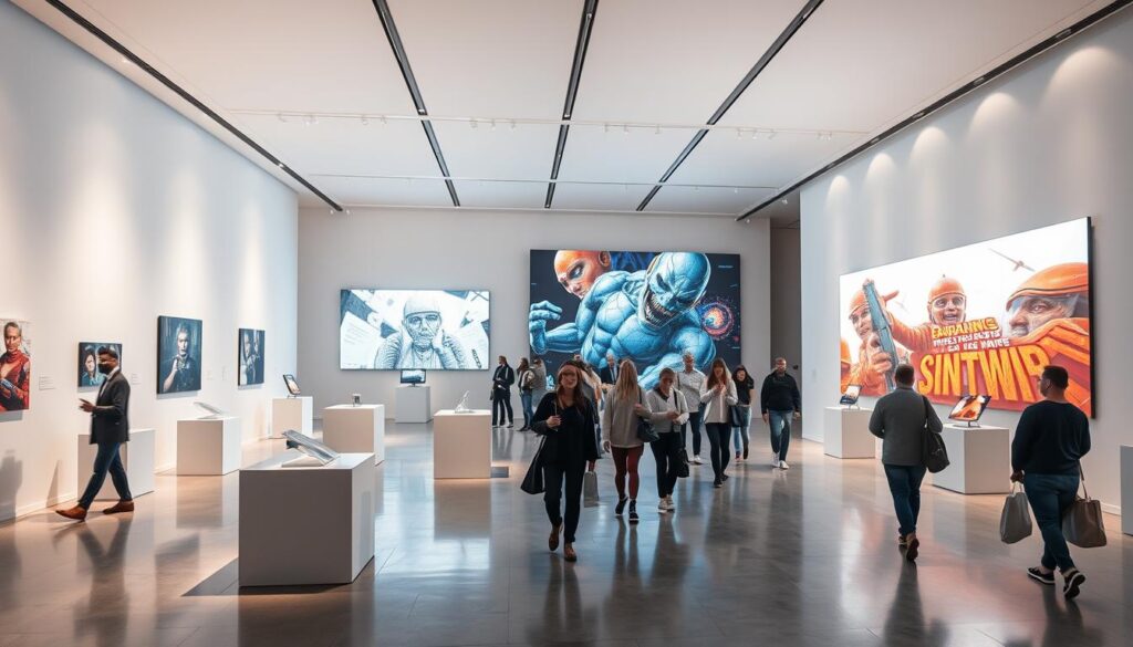 A modern, sleek NFT gallery space with bright, minimalist aesthetics. The interior features high ceilings, clean white walls, and polished concrete floors. Recessed lighting casts a warm, inviting glow, illuminating the various digital artworks displayed on minimalist pedestals. Visitors move through the space, captivated by the stunning, high-resolution NFT artwork projected on large, seamless screens. The gallery exudes a sense of awe and wonder, encouraging deeper exploration of the digital art collection. A modern, sleek NFT gallery space with bright, minimalist aesthetics. The interior features high ceilings, clean white walls, and polished concrete floors. Recessed lighting casts a warm, inviting glow, illuminating the various digital artworks displayed on minimalist pedestals. Visitors move through the space, captivated by the stunning, high-resolution NFT artwork projected on large, seamless screens. The gallery exudes a sense of awe and wonder, encouraging deeper exploration of the digital art collection.