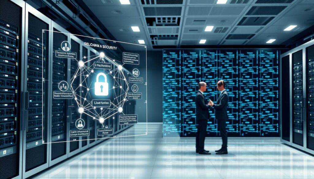 A modern, sleek data center with rows of servers and racks, illuminated by soft, directional lighting. In the foreground, a holographic display showcases a blockchain network diagram, with various security protocols and best practices highlighted. The mid-ground features cybersecurity experts in formal attire, collaborating and analyzing data. In the background, a matrix of digital signatures, encrypted transactions, and decentralized consensus mechanisms create an aura of technological sophistication and security. The overall scene conveys the importance of implementing robust, layered blockchain security measures to protect against cyber threats. A modern, sleek data center with rows of servers and racks, illuminated by soft, directional lighting. In the foreground, a holographic display showcases a blockchain network diagram, with various security protocols and best practices highlighted. The mid-ground features cybersecurity experts in formal attire, collaborating and analyzing data. In the background, a matrix of digital signatures, encrypted transactions, and decentralized consensus mechanisms create an aura of technological sophistication and security. The overall scene conveys the importance of implementing robust, layered blockchain security measures to protect against cyber threats.