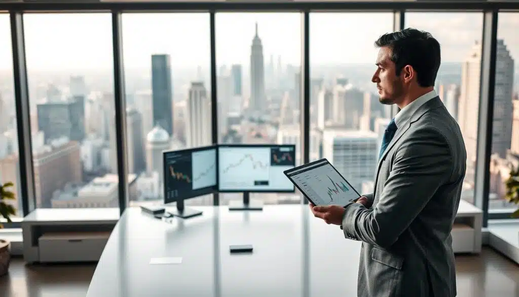 A modern, sleek office setting with floor-to-ceiling windows overlooking a bustling city skyline. In the foreground, a businessman stands thoughtfully, laptop open, considering various trading bot options displayed on the screen. Soft, directional lighting illuminates his focused expression. The middle ground features a minimalist desk setup, with monitors displaying analytical charts and financial data. In the background, the city landscape provides an inspiring, urban backdrop, suggesting the high-stakes world of financial trading. The overall atmosphere conveys a sense of careful contemplation and strategic decision-making, as the user navigates the complexities of choosing the right trading bot for their needs.