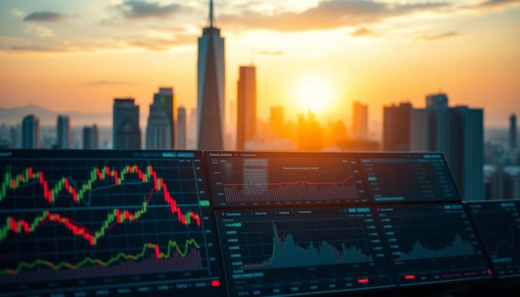 A modern, sleek trading dashboard with a focus on sentiment analysis and trading strategies. In the foreground, a series of candlestick charts and technical indicators display market trends. The middle ground features a large sentiment analysis graph, visualizing the emotional state of traders. In the background, a cityscape with towering skyscrapers is illuminated by a warm, golden sunset glow, conveying a sense of sophistication and financial prowess. The entire scene is captured with a shallow depth of field, creating a professional, cinematic atmosphere.