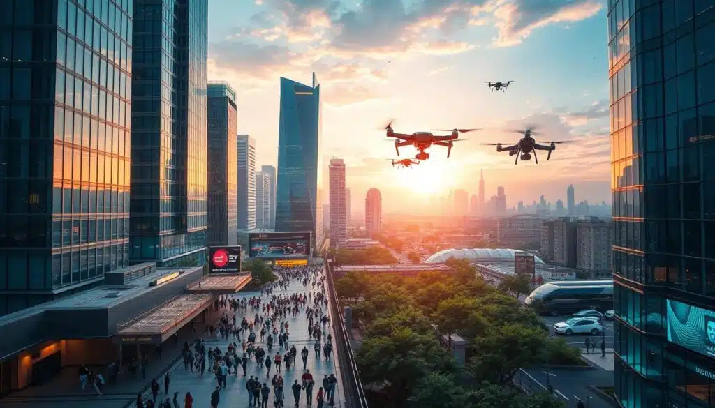 A modern, vibrant cityscape with a bustling tech hub in the foreground. Sleek high-rise buildings, glimmering glass facades, and bustling pedestrian walkways. In the middle ground, various web3 applications and services are being actively used - cryptocurrency wallets, DeFi platforms, NFT marketplaces, and decentralized social media. The background features a futuristic landscape with hovering drones, autonomous vehicles, and smart city infrastructure. The lighting is a mix of natural daylight and neon accents, creating an energetic, forward-looking atmosphere. The entire scene conveys the integration of cutting-edge technology, real-world adoption, and the seamless integration of blockchain and AI-powered solutions across the Web3 ecosystem.