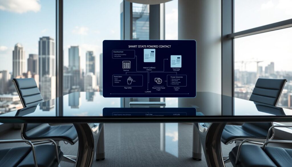 A modern, well-lit office interior with a glass conference table. On the table, a floating display shows a virtual real estate transaction process, with digital documents, signatures, and a blockchain-powered ledger. In the background, a large window overlooks a cityscape, with skyscrapers and cranes in the distance. The atmosphere is professional, efficient, and showcases the integration of smart contract technology into real estate transactions.