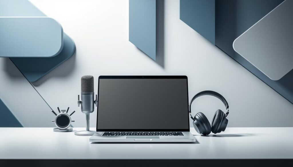 A modern workspace with sleek, minimalist design elements. On the desk, a laptop, a microphone, and a pair of high-quality headphones, all in a neutral color palette. In the background, abstract geometric shapes and patterns in shades of blue and gray, creating a sense of depth and technological sophistication. Soft, directional lighting illuminates the scene, casting subtle shadows and highlights to accentuate the clean, professional aesthetic. The overall mood is one of focus, innovation, and the cutting-edge world of blockchain technology.