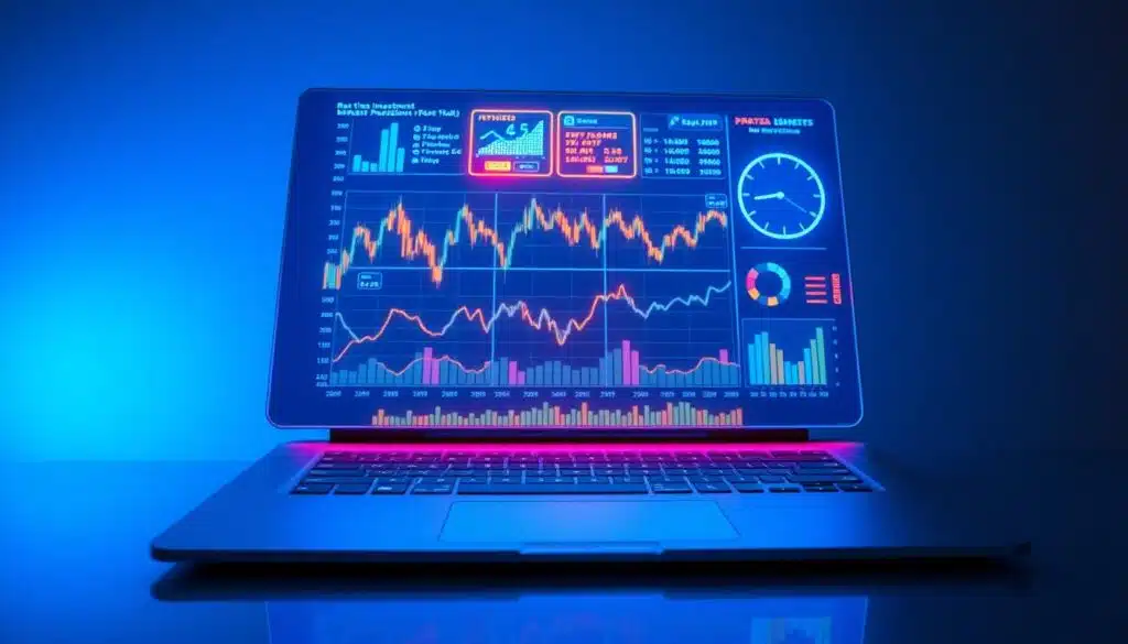 A neon-lit data visualization dashboard floats above a sleek, metallic desktop. Glowing charts, graphs, and indicators pulse with real-time investment insights. Luminous lines trace patterns in the market data, revealing hidden trends. The desktop's surface reflects the dashboard's glow, creating a sense of depth and integration. Diffuse lighting from above casts a cool, technocratic atmosphere, while warm accent lights highlight key performance metrics. The composition conveys the power of data-driven decision making, guiding the viewer towards smarter, more informed investment strategies.