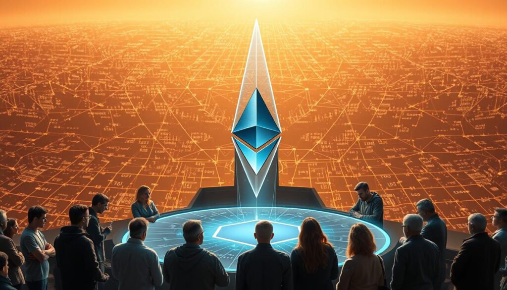 A panoramic view of Ethereum's proof-of-stake governance system. In the foreground, a group of diverse stakeholders - developers, validators, and community members - gathered around a holographic interface, debating and voting on proposed protocol upgrades. The middle ground features a towering, crystalline structure representing the Ethereum blockchain, its facets glowing with an ethereal light. In the background, a vast, data-scape of interconnected nodes and transactions, all aligned under the watchful eye of the proof-of-stake consensus mechanism. The scene is bathed in a warm, golden hue, conveying a sense of stability, security, and collaborative decision-making. The composition emphasizes the decentralized, transparent, and community-driven nature of Ethereum's new governance model.