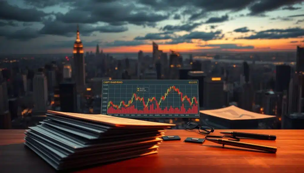 A panoramic view of a dynamic financial landscape, featuring a central chart displaying the current market conditions. The chart is illuminated by warm, directional lighting, casting subtle shadows that add depth and dimension. In the foreground, a stack of financial reports and a set of analytical tools, conveying a sense of active research and decision-making. The middle ground showcases a cityscape with towering skyscrapers, symbolizing the global economic environment. The background is characterized by a moody, twilight-inspired sky, hinting at the uncertainty and volatility inherent in the current market climate.
