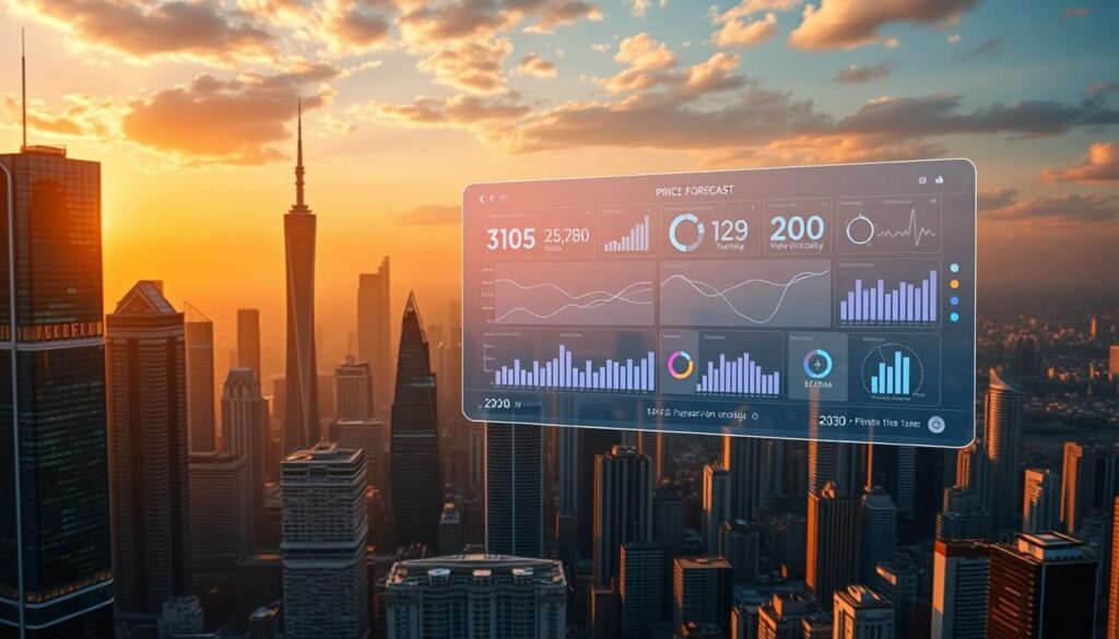 A panoramic view of a futuristic city skyline in 2030, with towering skyscrapers and gleaming towers bathed in a warm, golden light. In the foreground, a sleek, minimalist data visualization dashboard floats in midair, displaying a range of charts, graphs, and predictive analytics related to the price forecast of artificial intelligence tokens. The dashboard is holographic in nature, with clean, intuitive interfaces and dynamic visualizations that respond to user input. The background is a blend of vivid cityscapes, showcasing the technological advancements and economic prosperity of the AI-driven future. The overall mood is one of optimism, innovation, and a sense of anticipation for the transformative potential of artificial intelligence.