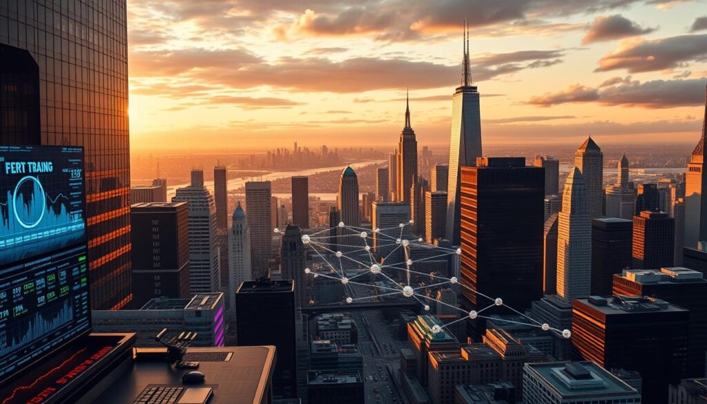 A panoramic view of the evolution of algorithmic trading, from the high-rise skyscrapers of Wall Street to the decentralized world of Web3. In the foreground, a futuristic trading terminal with holographic displays and advanced analytics. In the middle ground, a network of interconnected blockchain nodes, symbolizing the transition to decentralized finance. In the background, the iconic skyline of a modern metropolis, representing the convergence of traditional finance and emerging technologies. The scene is bathed in a warm, golden light, conveying a sense of progress and innovation. Intricate details, sharp focus, and a sense of depth create a visually striking and conceptually cohesive image.