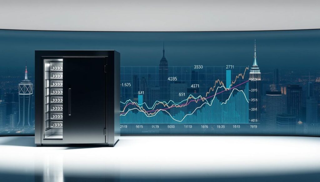 A panoramic view of the global crypto custody market, illuminated by a soft, diffused light. In the foreground, a sleek, secure crypto vault stands as a symbol of institutional-grade security. The middle ground features a dynamic data visualization, charting the market's growth and trends over time, with lines and curves pulsing with information. In the background, a cityscape of skyscrapers and financial hubs, representing the diverse global landscape of the crypto industry. The overall atmosphere conveys a sense of stability, innovation, and the growing importance of institutional-grade crypto custody solutions. A panoramic view of the global crypto custody market, illuminated by a soft, diffused light. In the foreground, a sleek, secure crypto vault stands as a symbol of institutional-grade security. The middle ground features a dynamic data visualization, charting the market's growth and trends over time, with lines and curves pulsing with information. In the background, a cityscape of skyscrapers and financial hubs, representing the diverse global landscape of the crypto industry. The overall atmosphere conveys a sense of stability, innovation, and the growing importance of institutional-grade crypto custody solutions.