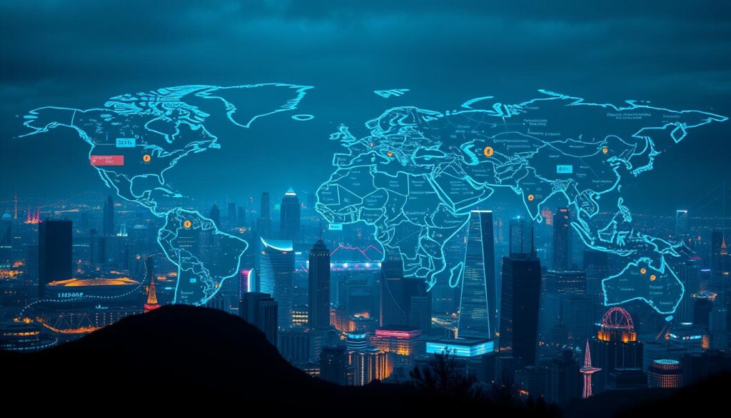 A panoramic view of the global financial landscape, with the cryptocurrency market as the central focus. In the foreground, a dynamic visualization of worldwide events - political upheavals, natural disasters, and economic shifts - cascading across digital currency exchanges. The middle ground depicts a network of digital transactions, pulsing with real-time data and fluctuating prices. In the background, a futuristic cityscape, its skyscrapers and infrastructure intertwined with blockchain technology. The scene is illuminated by a cool, techno-chic lighting, capturing the intersection of the analog and digital realms. The mood is one of uncertainty and volatility, reflecting the profound impact of global events on the ever-evolving cryptocurrency market.