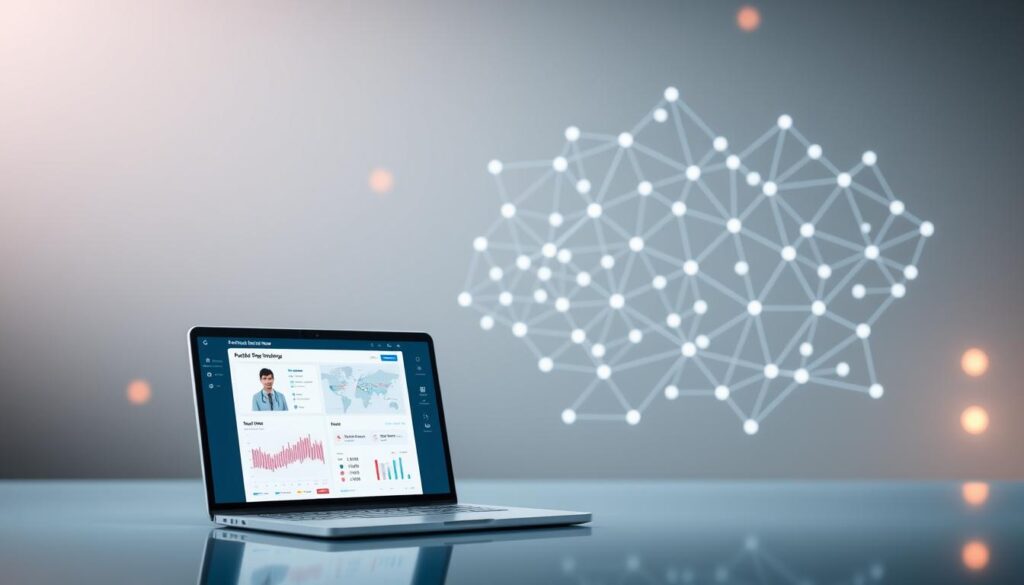 A patient-controlled data sharing blockchain system, depicted in a sleek, minimalist style. In the foreground, a secure and intuitive user interface showcases an individual's personal health data, accessible and shareable on their own terms. The middle ground features an intricate, blockchain-inspired network of interconnected nodes, representing the decentralized, transparent data infrastructure. In the background, a soft, hazy gradient evokes a sense of privacy and data protection, while subtle glowing accents highlight the secure, cutting-edge nature of the technology. The overall scene conveys a balanced blend of patient empowerment, data autonomy, and the transformative potential of blockchain in healthcare.