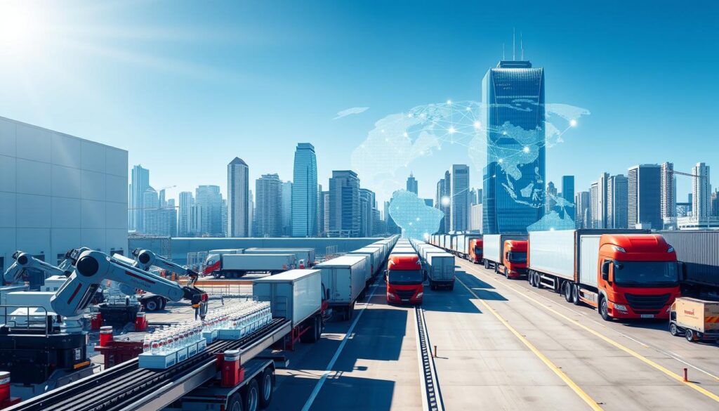 A pharmaceutical distribution center set against a backdrop of a cityscape, with a blockchain network overlay illuminating the supply chain. The foreground features a large, modern warehouse with robotic arms and conveyor belts efficiently moving vaccine vials. The middle ground showcases a fleet of GPS-tracked delivery trucks, their routes highlighted on a digital map. In the background, a gleaming skyscraper represents the blockchain technology platform, its distributed ledger connecting every step of the distribution process. Bright, directional lighting casts long shadows, creating a sense of technological sophistication and precision. The overall mood is one of streamlined efficiency, security, and transparency in the pharmaceutical supply chain.