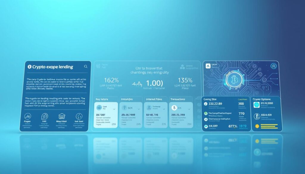 A pristine, futuristic crypto lending platform interface set against a sleek, minimalist backdrop. The foreground features an array of informative icons and data visualizations, meticulously detailing key factors to consider when choosing a lending service - security protocols, interest rates, transaction fees, and more. The middle ground showcases various lending options, each with its own distinctive branding and user-friendly UI. In the background, a series of glowing circuit board patterns and holographic elements convey a sense of technological sophistication and innovation. Soft, directional lighting bathes the entire scene in a cool, ethereal glow, creating an atmosphere of trust, reliability, and cutting-edge financial technology. A pristine, futuristic crypto lending platform interface set against a sleek, minimalist backdrop. The foreground features an array of informative icons and data visualizations, meticulously detailing key factors to consider when choosing a lending service - security protocols, interest rates, transaction fees, and more. The middle ground showcases various lending options, each with its own distinctive branding and user-friendly UI. In the background, a series of glowing circuit board patterns and holographic elements convey a sense of technological sophistication and innovation. Soft, directional lighting bathes the entire scene in a cool, ethereal glow, creating an atmosphere of trust, reliability, and cutting-edge financial technology.