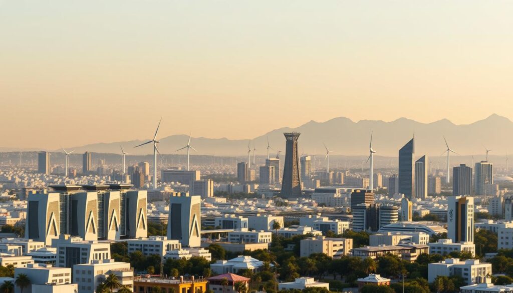 A pristine, minimalist cityscape bathed in a soft, warm glow. In the foreground, a cluster of sleek, angular blockchain data centers, their facades adorned with solar panels and wind turbines, symbolizing their eco-friendly energy sources. The middle ground features a network of interconnected towers, each one a node in a decentralized, energy-efficient blockchain platform. In the background, a breathtaking mountain range, hinting at the natural harmony these sustainable technologies strive to achieve. The overall scene exudes a sense of technological sophistication and environmental consciousness, perfectly capturing the essence of "Key Technologies Behind Sustainable NFT Platforms".