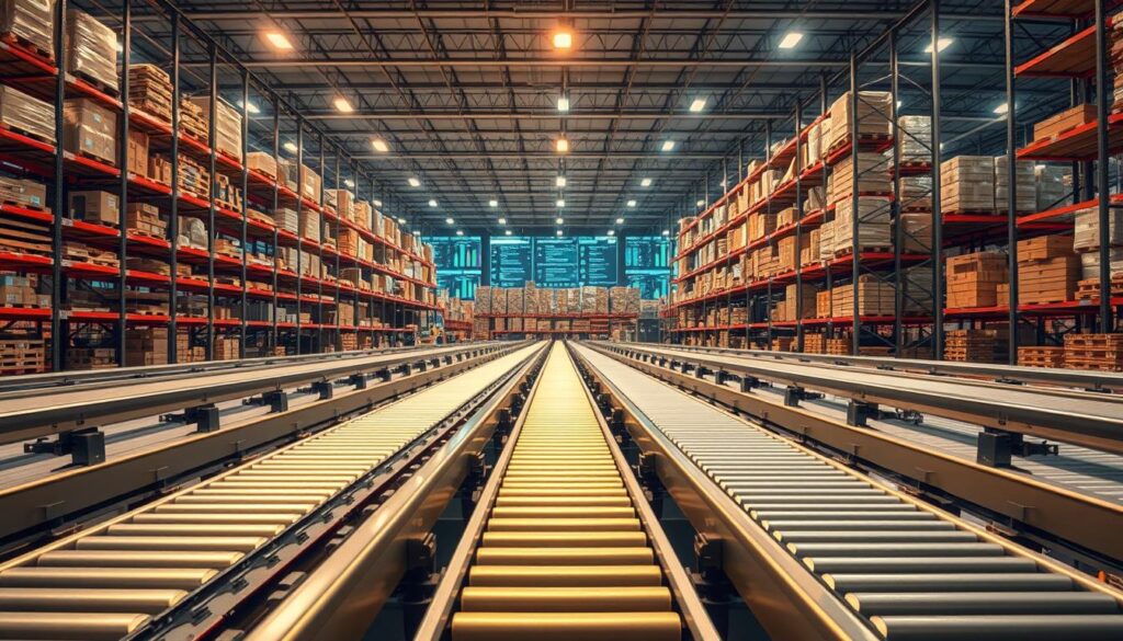 A pristine supply chain management system, meticulously organized and streamlined. In the foreground, a series of interconnected conveyor belts, their rhythmic movements like a well-choreographed dance, transporting goods with precision. The middle ground features towering warehouse shelves, their contents neatly categorized and accessible. Warm, diffused lighting casts a gentle glow, creating a sense of efficiency and order. In the background, a network of digital screens displays real-time analytics, providing visibility and control over the entire process. The atmosphere is one of calm, focused productivity, a testament to the power of technology-driven supply chain management. A pristine supply chain management system, meticulously organized and streamlined. In the foreground, a series of interconnected conveyor belts, their rhythmic movements like a well-choreographed dance, transporting goods with precision. The middle ground features towering warehouse shelves, their contents neatly categorized and accessible. Warm, diffused lighting casts a gentle glow, creating a sense of efficiency and order. In the background, a network of digital screens displays real-time analytics, providing visibility and control over the entire process. The atmosphere is one of calm, focused productivity, a testament to the power of technology-driven supply chain management.