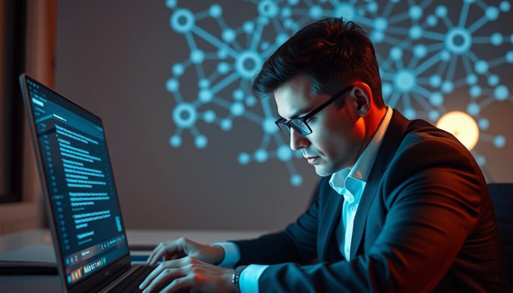 A professional auditor scrutinizing a smart contract on a digital display, with a complex blockchain network in the background. The auditor's brow is furrowed in concentration, illuminated by the cool glow of the screen. The scene is set in a modern, minimalist office, with clean lines and a subdued color palette. The auditor's laptop and desk are neatly organized, conveying a sense of meticulous attention to detail. The atmosphere is one of quiet focus and diligent examination, underscoring the importance of ensuring the legal enforceability of smart contracts.