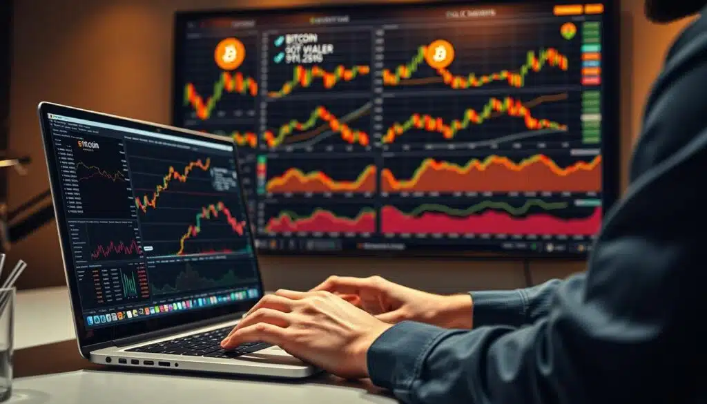 A professional financial analyst's desk, with a sleek laptop and various financial charts and models displayed on the screen. In the foreground, a pair of hands typing furiously, manipulating complex algorithms and data sets. In the background, a large wall-mounted display showcases long-term Bitcoin price prediction models, complete with colorful line graphs, candlestick charts, and trend analysis. The lighting is warm and focused, creating a sense of intense concentration and a deep dive into the intricacies of cryptocurrency market forecasting. The overall mood is one of thoughtful deliberation, as the analyst seeks to unravel the mysteries of Bitcoin's long-term trajectory.